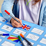 World Flags Tablecloth, close up of girl colouring 
