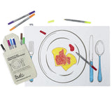 Doodle placemat to go, beans and toast sketch and pens visible