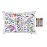 Doodle World Map Pillowcase, partially coloured with pens