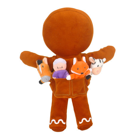 Gingerbread Man - Hand & Finger Puppet Set, back view with finger puppets places in back pockets of gingerbread man