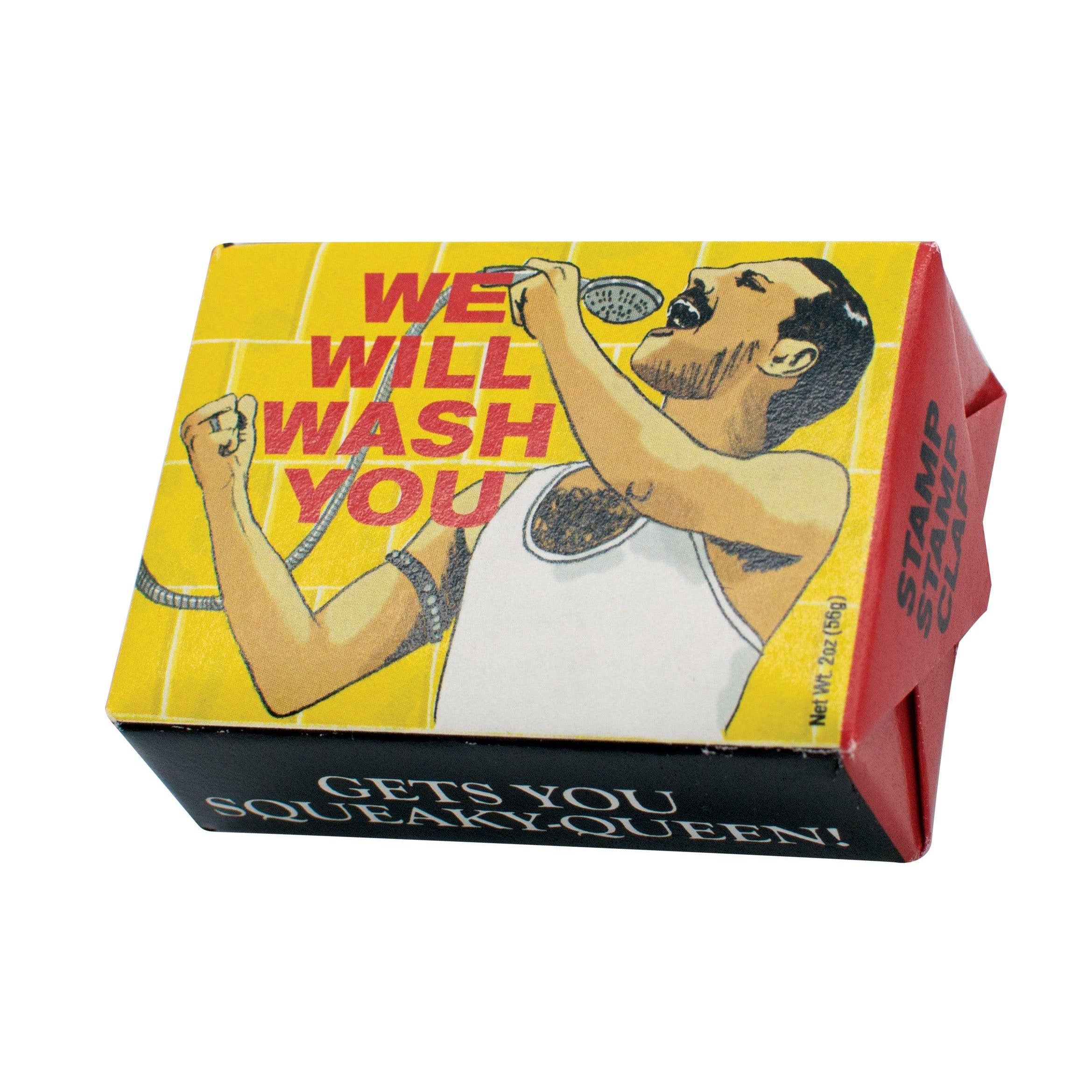 We Will Wash You (Freddie Mercury) Soap, white background in packaging