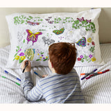 Doodle Butterfly Pillowcase, boy colouring with pens