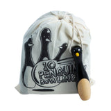 Penguin Bowling, pins in cotton bag, with one penguin outside