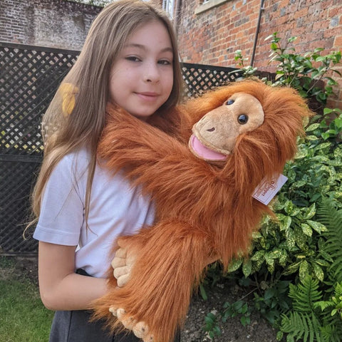 Orangutan (Medium) Primate Puppet, modelled by child in garden 