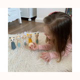 Wooden Animal Skittles, lifestyle, child playing with 5 skittles and ball