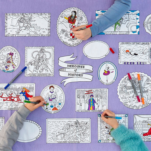 Heroines of History Tablecloth, children's hands colouring in 