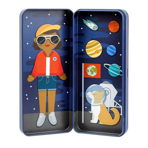 Space Bound - Magnetic Dress Up, open tin, with girl and space dog