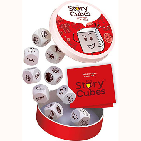 Rory's Story Cubes: Heroes, tin open and dice tumbling out