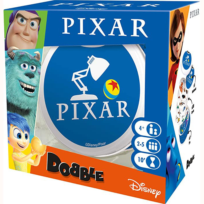 Dobble Pixar, front of box, with slight side view 