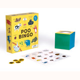 Poo Bingo, sample card, chip box and counters displayed 