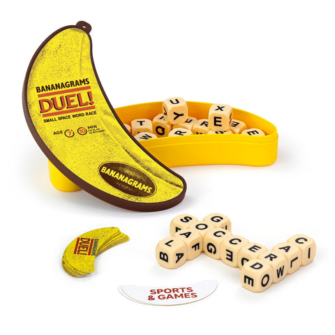 Bananagrams DUEL! - Small Space Word Race, open case with contents visible 