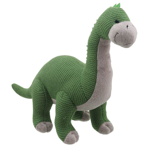 Brontosaurus Soft Toy (Large Green) -  Wilberry Knitted, slight side angle