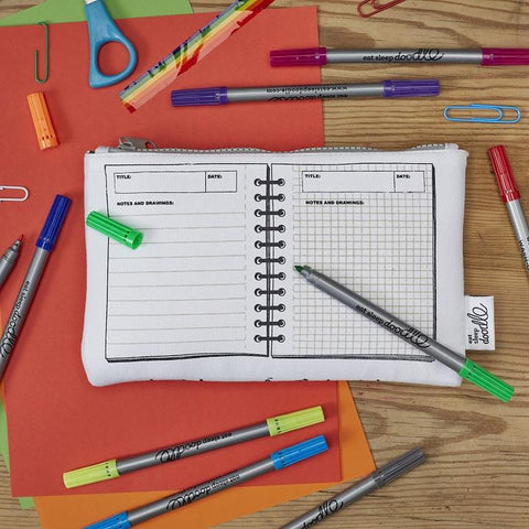Doodle Pencil Case: Dinosaur Design, with pens, reverse side notebook 