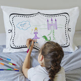 Doodle pillowcase, being drawn on by girl, frame side