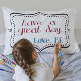 Doodle pillowcase, being drawn on by girl, frame side message