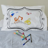 Doodle pillowcase and pens, frame side 