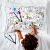 Doodle Fairytales & Legends Pillowcase, colouring illustration side, child & pens