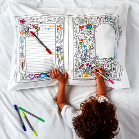 Doodle Fairytales & Legends Pillowcase, writing side, child & pens