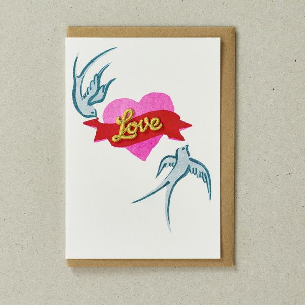 Birds & Heart - Greeting Card with Embroidered detail