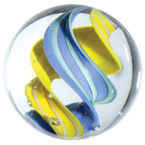 Handmade Helter Skelter Marble (medium) 22mm, blue & yellow