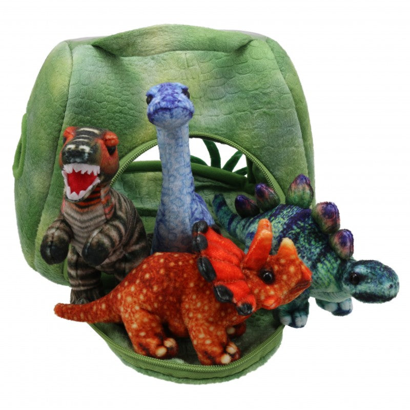 Dinosaur House with 4 Dinosaur Puppets, unzipped and displayed