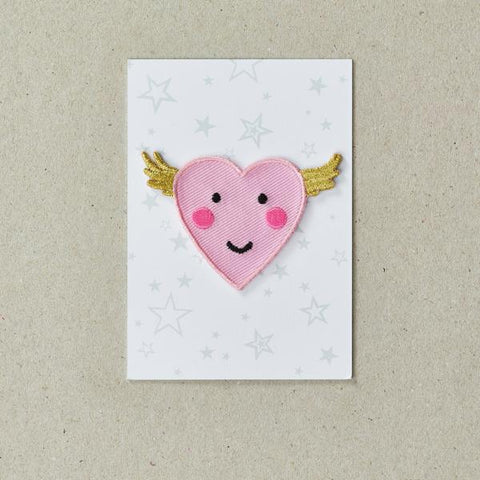 Iron on Patch - Flying Happy Heart, on packaging card 