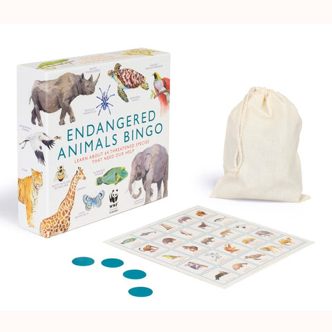 Endangered Animals Bingo, box, canvas bag, board and counters