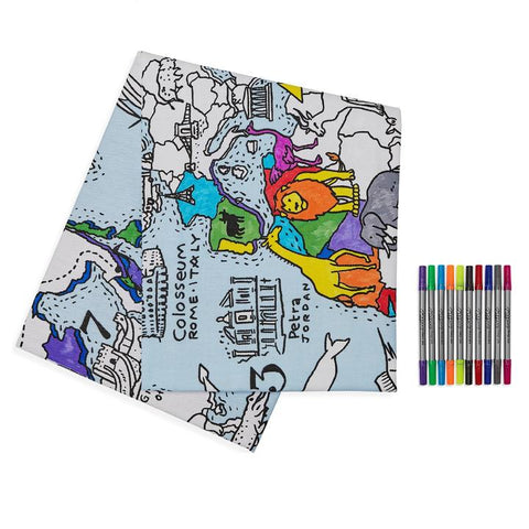 Colour and Learn - World Map Tablecloth, folded with pens