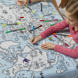 Colour and Learn - World Map Tablecloth, coloured in by girls 