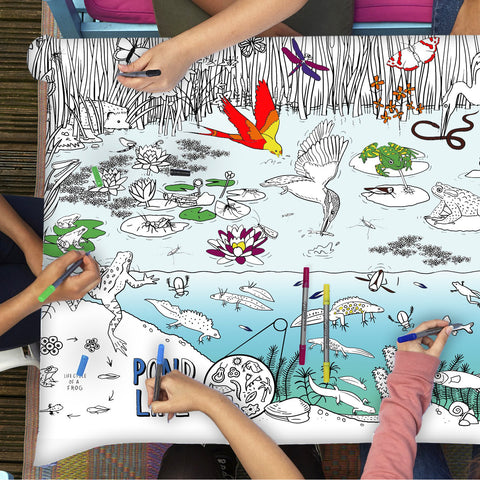 Colour and Learn - Pond Life Tablecloth, lifestyle with kids
