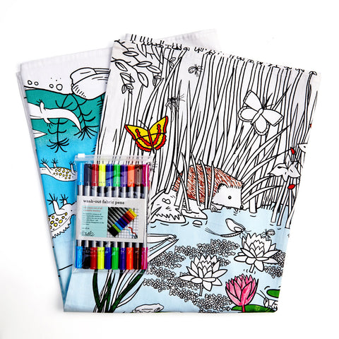 Colour and Learn - Pond Life Tablecloth, packed pens and folded cloth