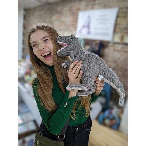 Medium grey knitted t-rex being held by teen girl