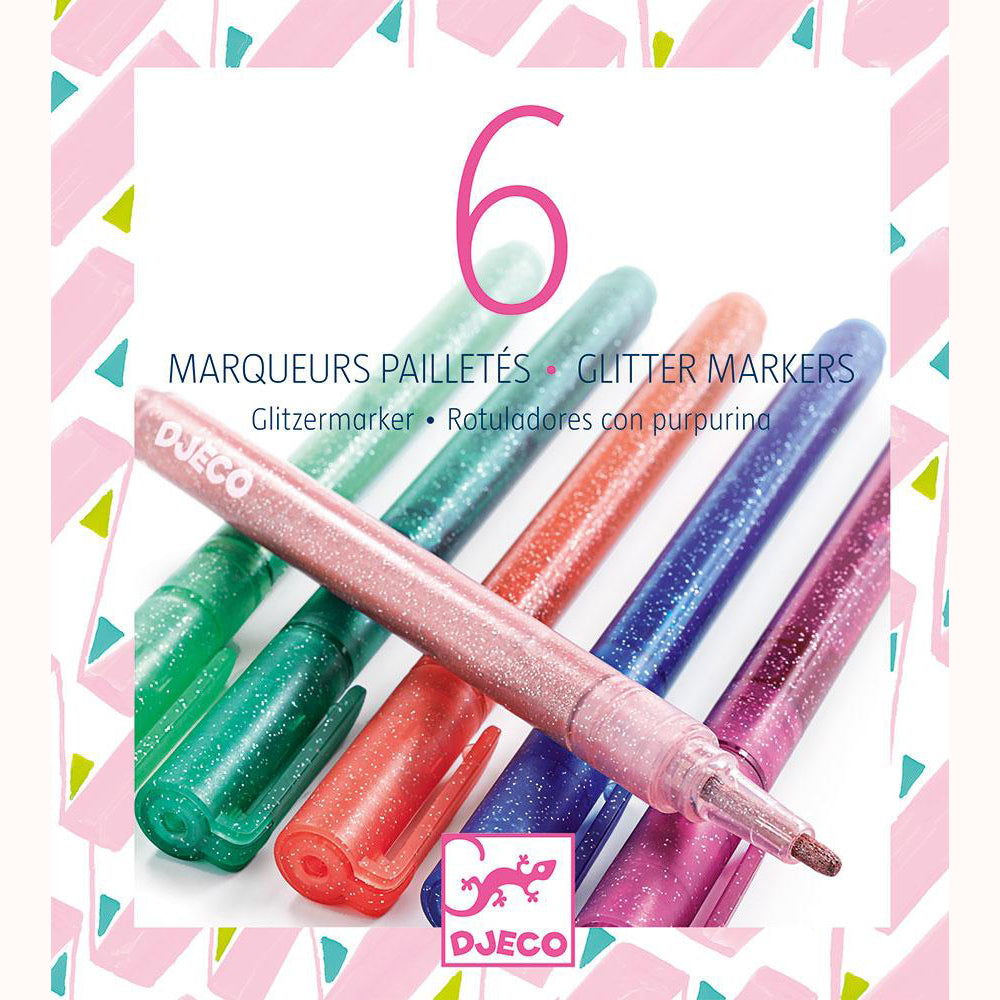 6 Glitter Markers by Djeco - Sweet Colours, boxed