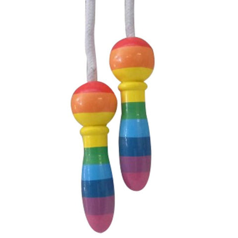 Rainbow Skipping Rope, handles dangling down, majority of rope not visible. 