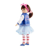 Rockabilly Lottie Doll, doll from back view, slogan on jacket