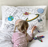 Doodle Space Explorer Pillowcase, girl colouring in bed