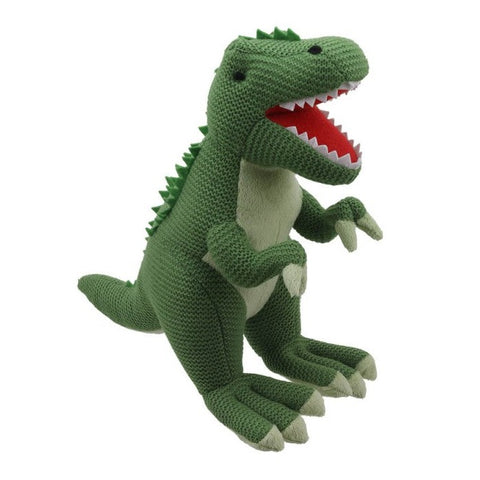 T-Rex Soft Toy (Medium Green) - Wilberry Knitted, front side angle
