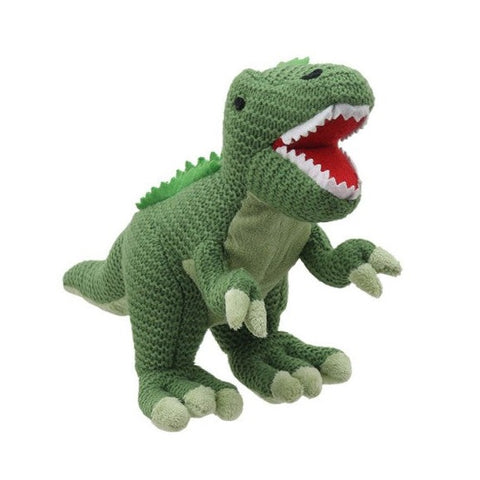 T-Rex Soft Toy (Small Green) -  Wilberry Knitted, slight side angle