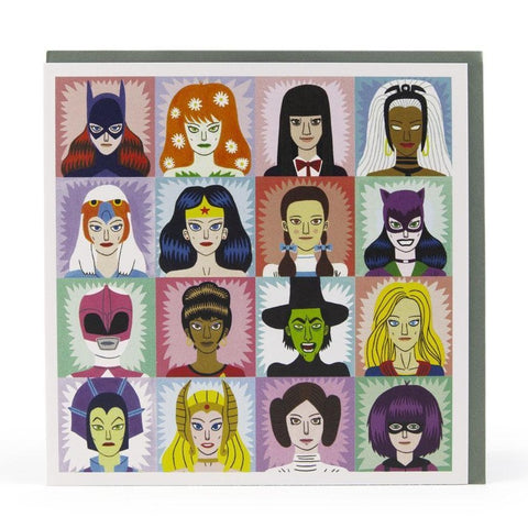 Heroines and villians greeting card, front on with envelope visible behind