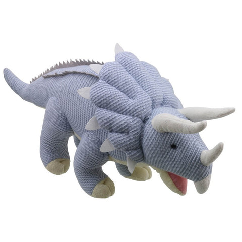 Triceratops Soft Toy (Large Blue) - Wilberry Knitted, front side angle 