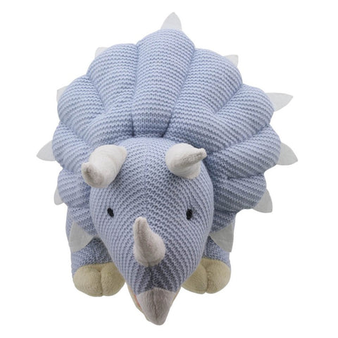 Triceratops Soft Toy (Large Blue) - Wilberry Knitted, direct front view 