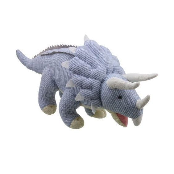 Triceratops Soft Toy (Blue)- Wilberry Knitted, side angle