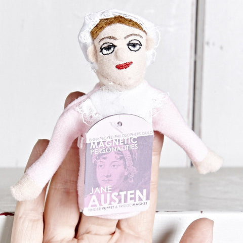 Jane Austin finger puppet on a finger