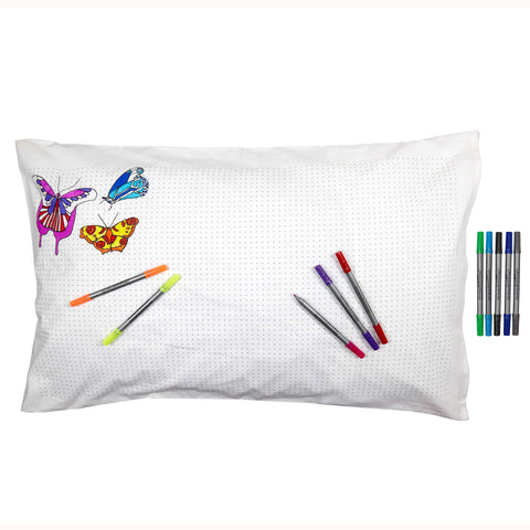 Doodle Butterfly Pillowcase, reverse side & pens