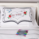 Doodle pillowcase and pens, frame side with heart