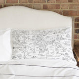 Doodle World Map Pillowcase, blank on bed 
