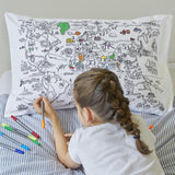 Doodle World Map Pillowcase, girl doodling in bed 