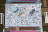 world map tablecloth, view from above 