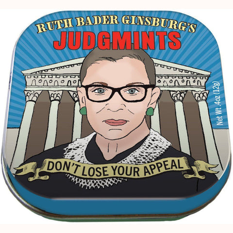 Ruth Bader Ginsburg's Judgmints, front of closed tin 