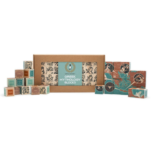 Greek Mythology Blocks & Tray, boxed and unboxed product shown together
